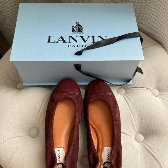LANVIN | NIB Suede and Patent Cap Toe Luxury Ballerina Flat Burgundy 8US EU39 - Picture 2 of 9